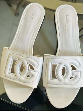 Dolce & Gabbana White Leather Logo Cutout Slide Mules Size 37